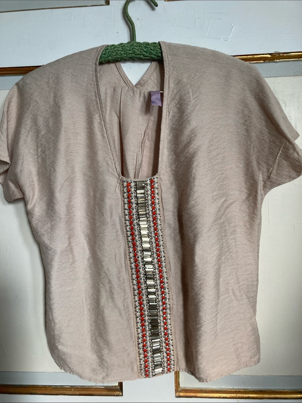 Alya Blush Cream Short Sleeve Top with Embellished Center Trim